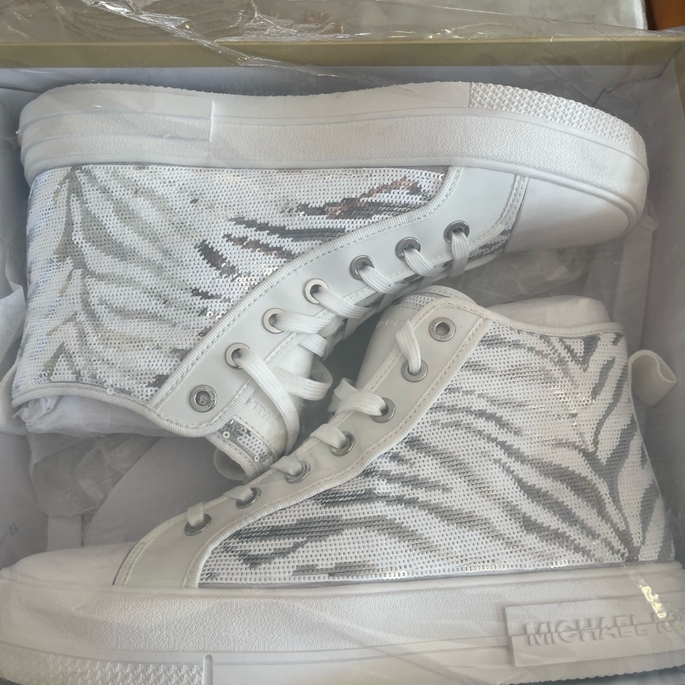 Michael Kors Silver and White High-Top zebra sequin Sneakers size 10